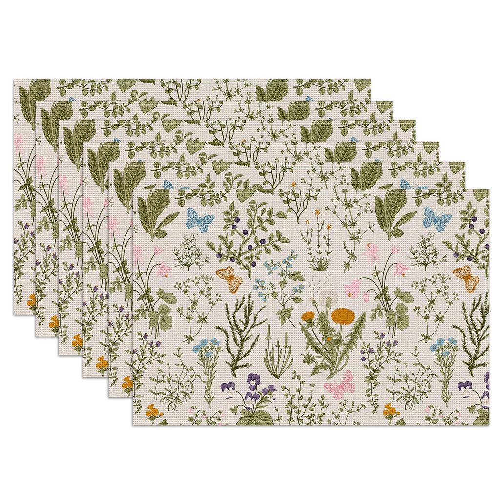 Highland Cow Placemats Set of 6,12x18 Inch Watercolor Floral Linen Place Mat Washable Stain Resistant Table Mats