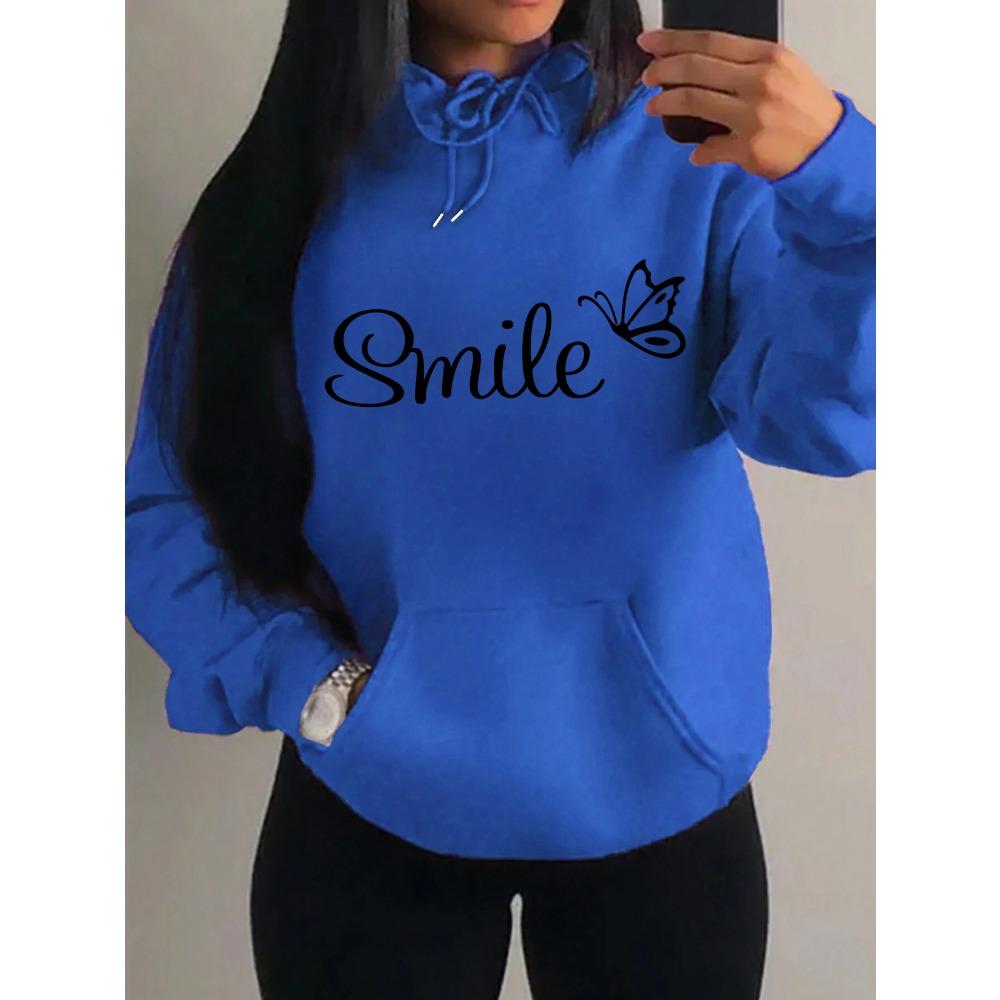 Smile Font Language Butterfly Pattern Hoody For Women Sport Pocket Clothing Cute Multicolor Streetwear Fashion Hoodies