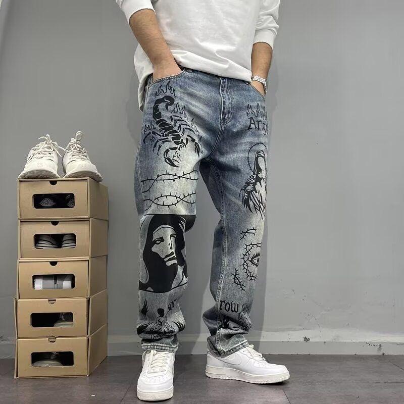 Spring Autumn Printed Straight Leg Sports Denim Pants Men's Loose Comfortable Plus Size Pants