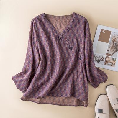 Spring V-neck Floral Retro Artistic Shirt Loose Long Sleeved Versatile Cotton Linen Top for Women Blouses & Shirts
