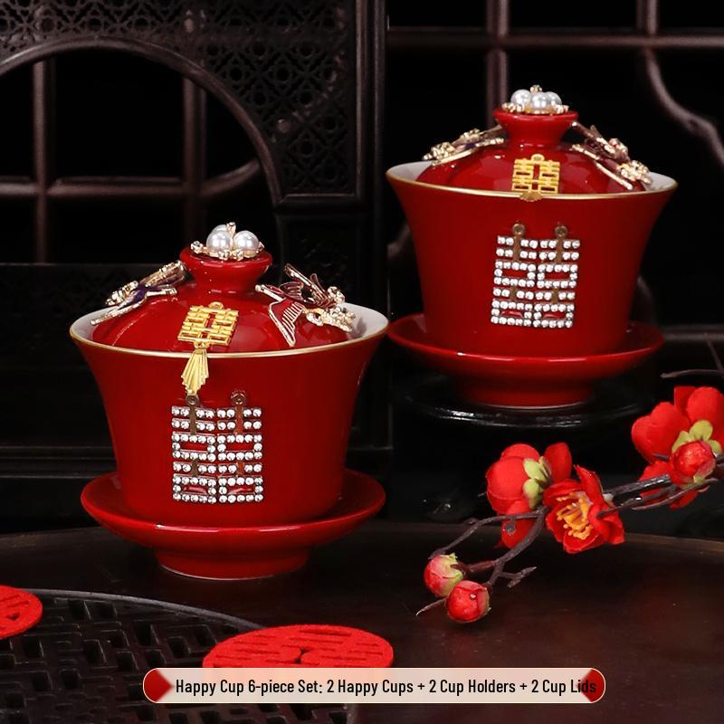 Wedding Tea Set: Red Bowls, Cups, and Chopsticks for Bride's Dowry