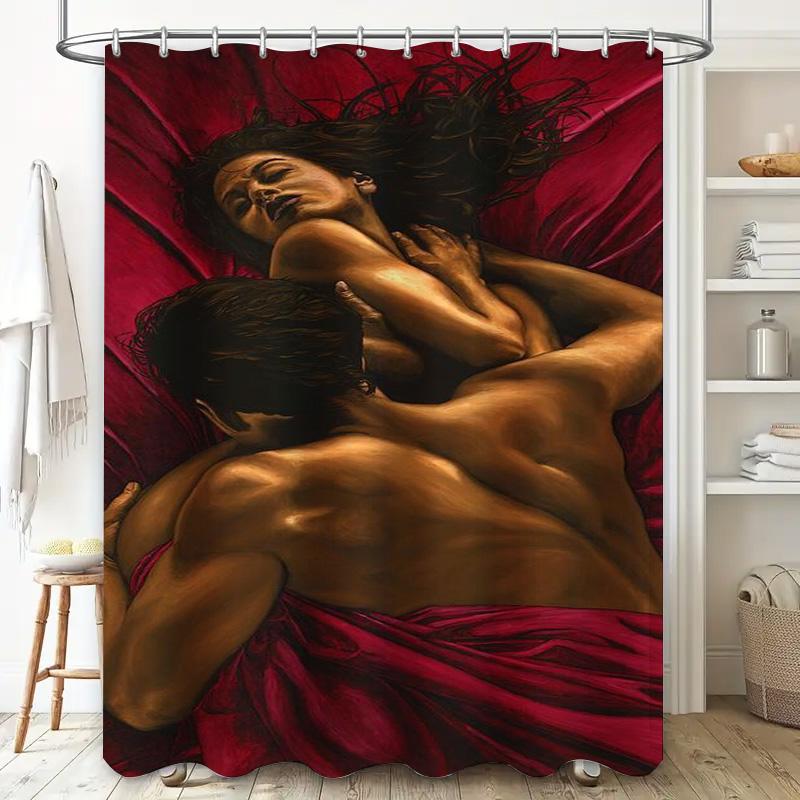 Luxury Red Velvet Print Shower Curtain Couples Intimate Moment Waterproof Fabric Available in Various Sizes for Bathroom Decor D