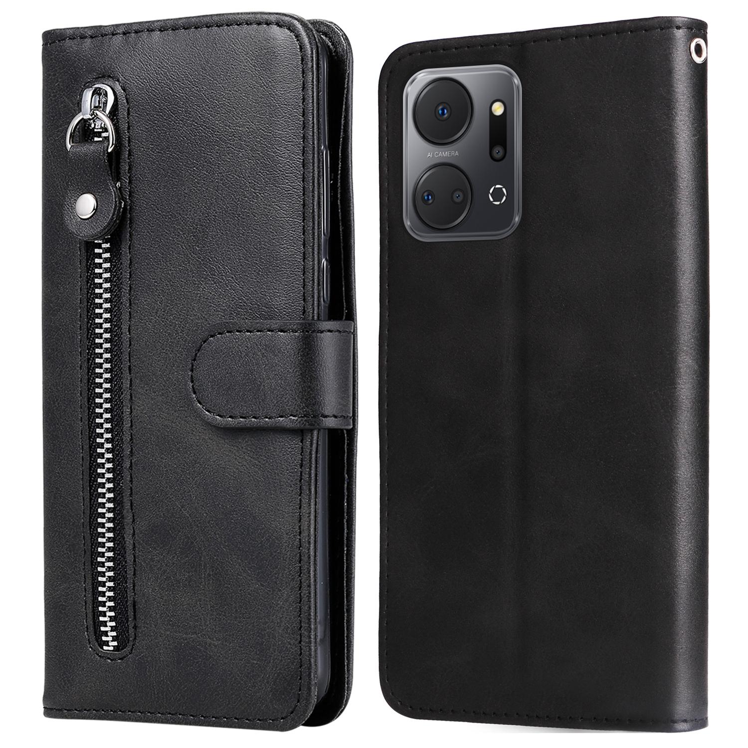 

For Honor X7a 5G Zipper Pocket Leather Phone Cover Calf Texture Stand Wallet Phone Case Black