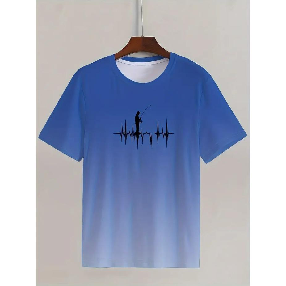 Fishing Print T-shirt, Men's Casual Street Style Stretch Round Neck Tee Shirt for Summer, Fishing Gear