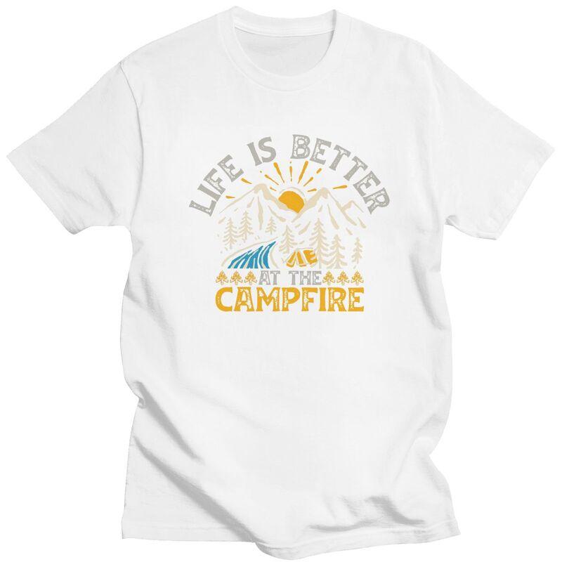 Custom Life Is Better Campfire Mountain Camping T Shirt for Men Pure Cotton Tshirt Fashion Tees Tshirt Loose Fit Clothing Gift