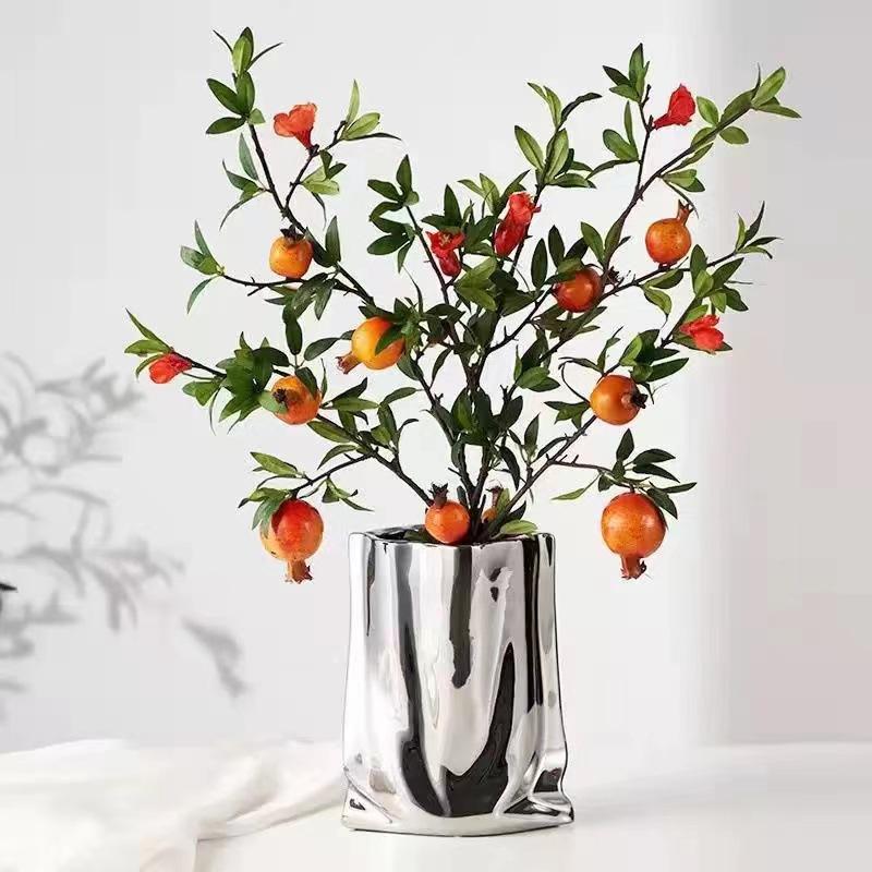 Silver Cloth Bag Ceramic Vase Folded Flower Pot Straight Tube Pleated Stacked Flowerpot Flower Vases Terrarium Home Decoration