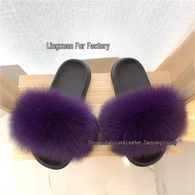 Women's Summer Fox Fur Slippers: Celebrity Trend, Flat Fur Sandals, Soft-Soled Flip Flops, Euro-American Style.