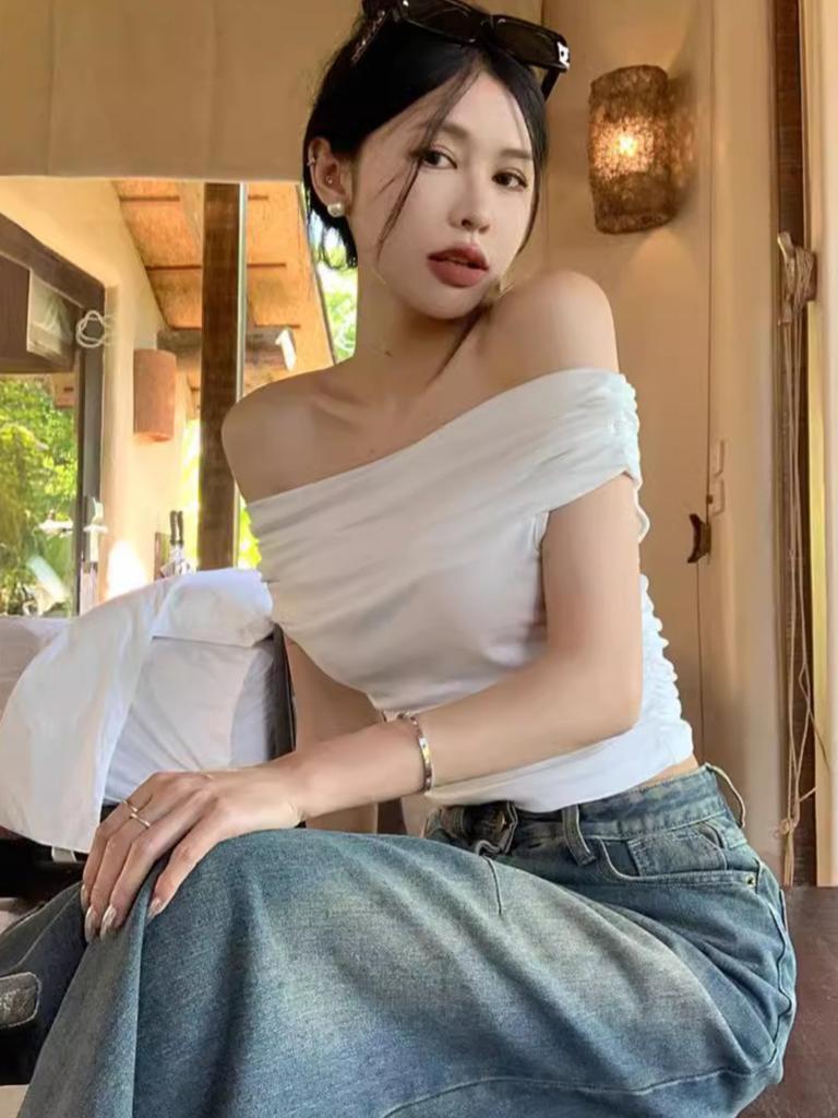 Summer Women Short Sleeve T Shirts Solid T-shirt Off-shoulder High Waist Crop Top Tee Female Casual T Shirt