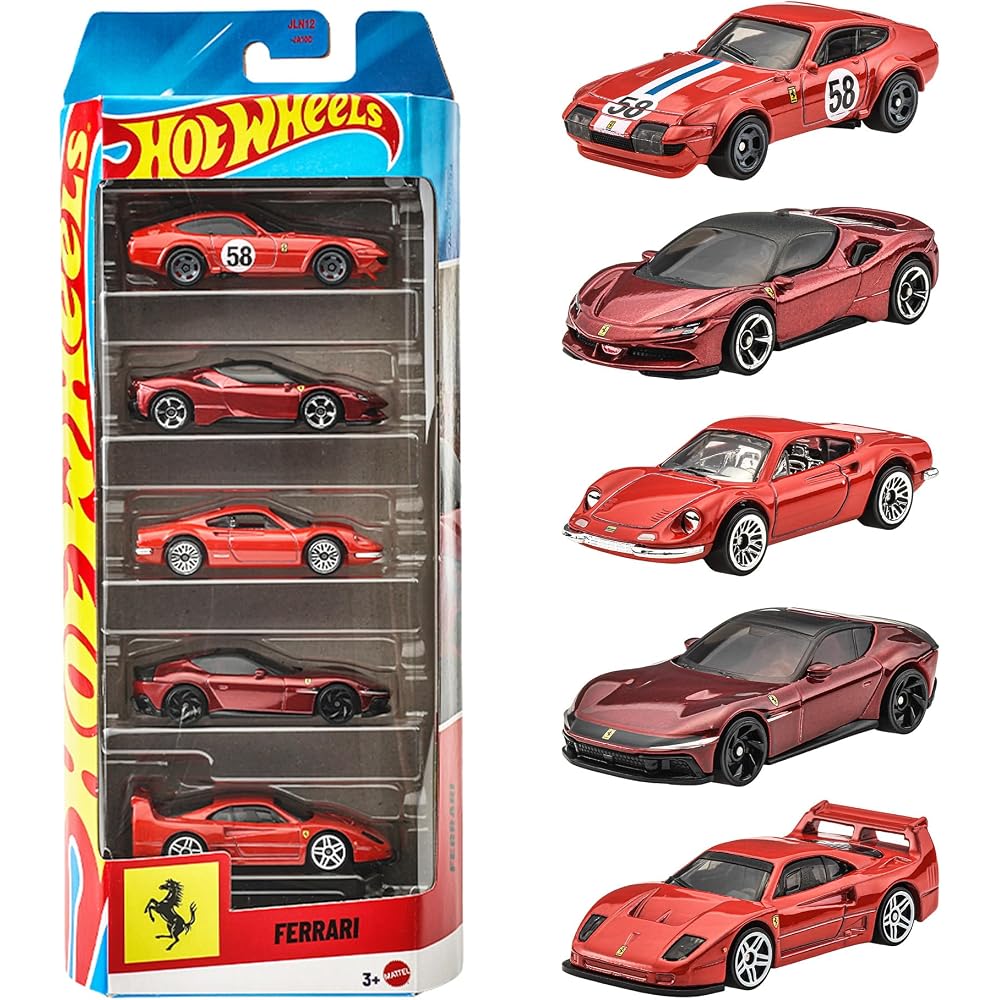 Hot Wheels Basic Car Ferrari 5-Pack 1:64 Scale Diecast Toy Cars for Ages 3 and Up