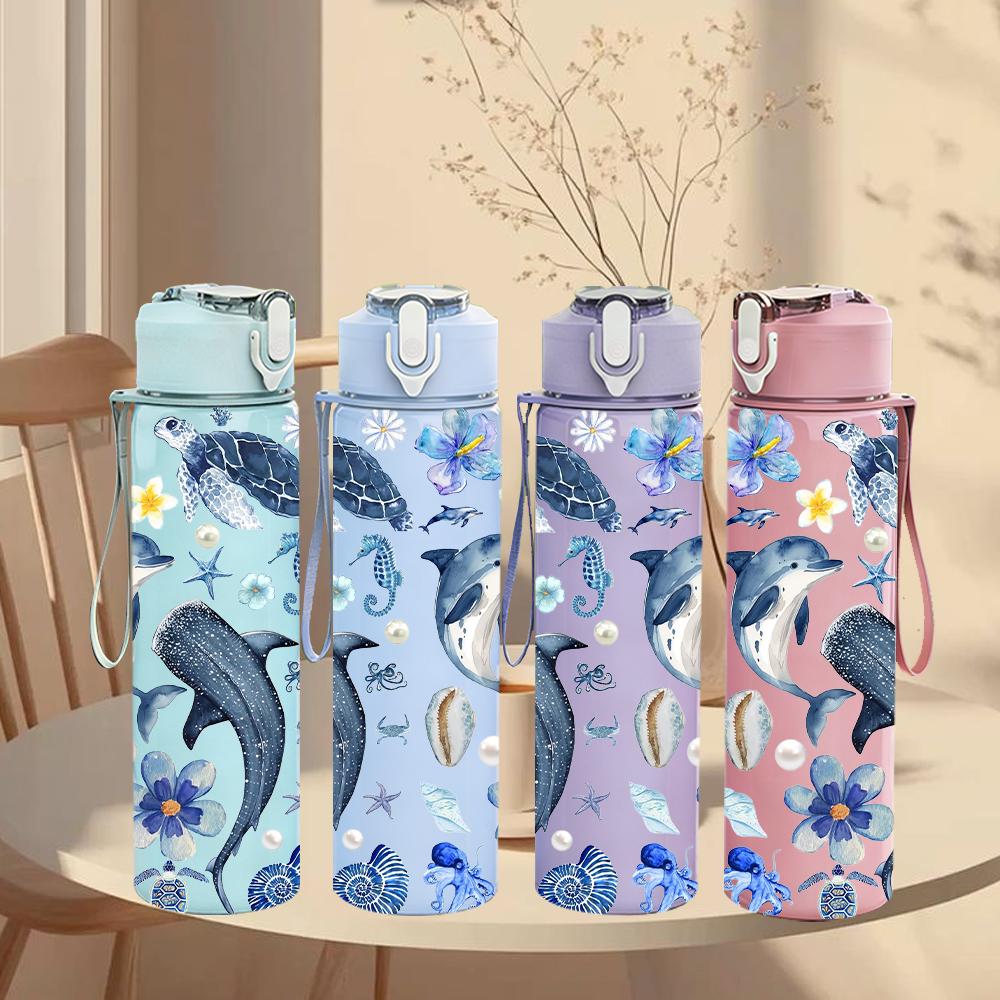 1 Stück Blau Grau Delfin Koralle Wiederholende Textur 750ml Farbe Kunststoff Wasserflasche Auslaufsicher Klappdeckel mit Strohhalm Für Sport Büro Heimgebrauch