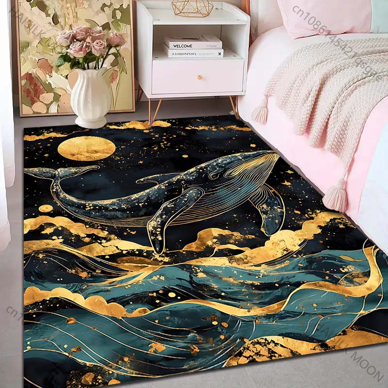 1PC Golden Whale and Moon Print Carpet Rug for Living Room Bedroom Sofa Doormat Home Decor Non-slip Floor Mat