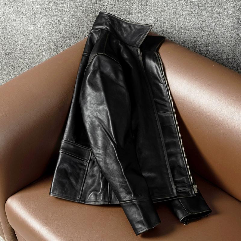 Retro Hand-matched Head Layer Tea Core Horse Leather Short Slim Fit Men's Genuine Leather Jacket Jacket