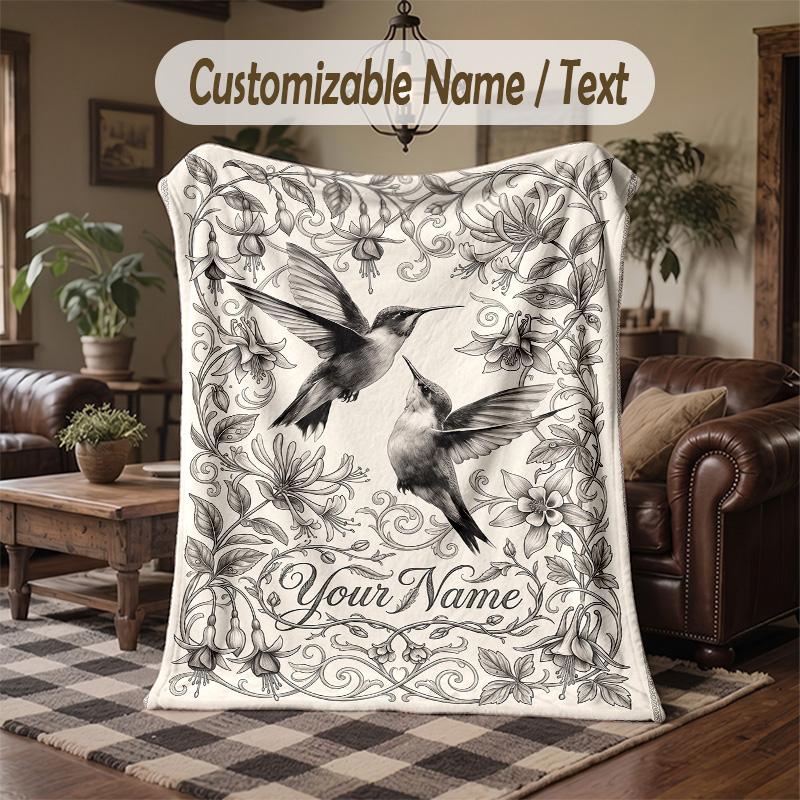 Hummingbird Garden Fantasy 3 Theme Throw Blanket Custom Name Text Personalized Blanket Soft Cozy Blanket for Home Sofa Bed