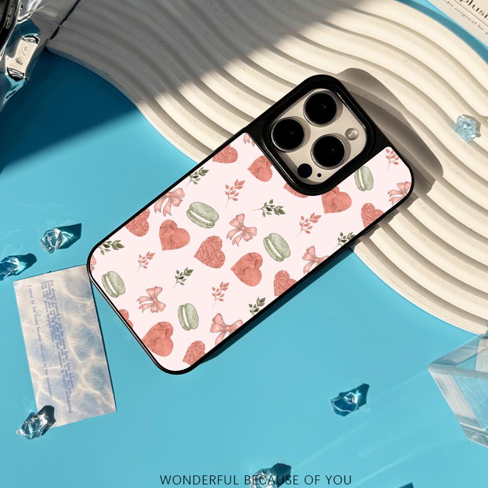 Macaron Cute Pink Girl Pattern Phone Case for iPhone 17 16 E 15 14 13 12 Pro Max Sheepskin Silver-edged Protective Case
