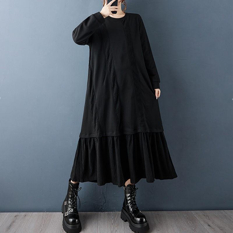 Long Sleeve Plus Size Black Cotton Vintage New In Dresses for Women Spring Autumn Casual Loose Dress