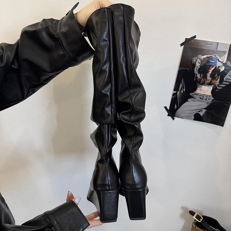 Vintage Pointed Toe Women Pleated High Boots Patent Leather Shoes Wedges High Heels Party Autumn Winter Ladies Long Booties