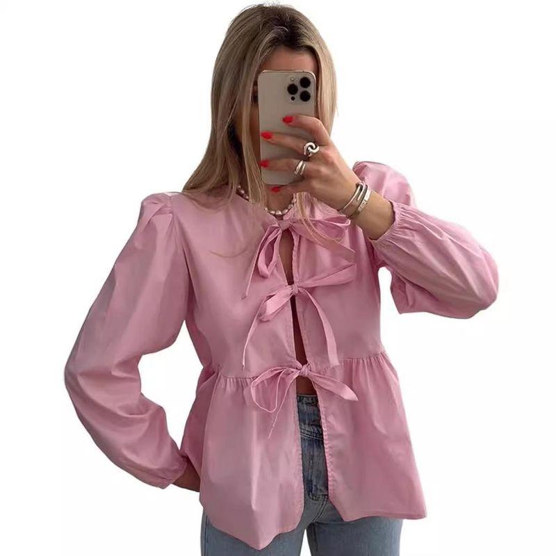 Short sleeve 2025 European and American Women clothes Street Fashion Bow Long sleeve Shirts Long Sleeve Shirt