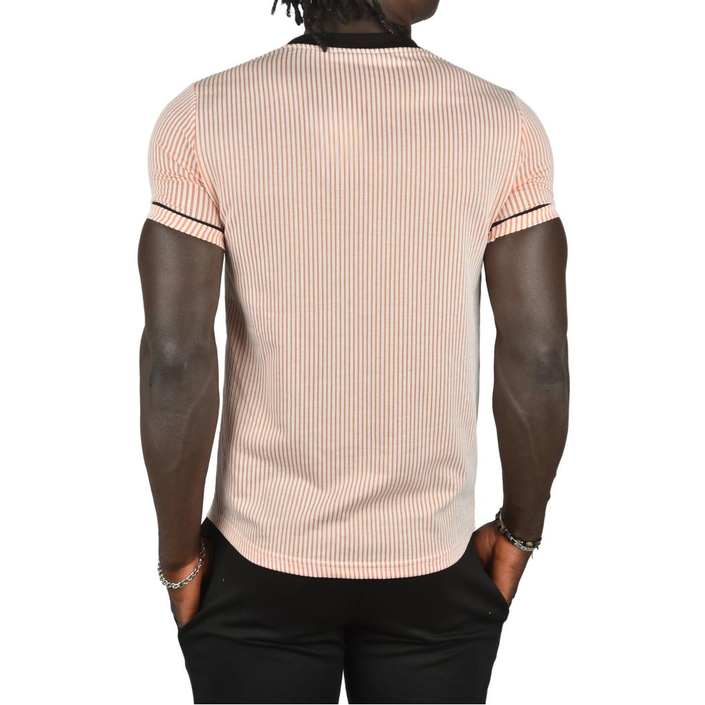 DeepSEA Slim Fit Lycra Striped Collar and Striped Sleeves Lucky Text T-Shirt 2403201