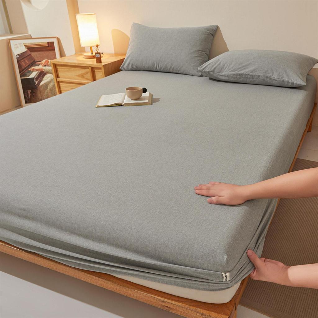 Pure Cotton Weave Washed Fitted Sheet - Solid Stripe Mattress Protector