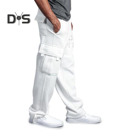 Men Spring Fall Pants with Multi Pockets Drawstring Elastic Waist Wide Leg Plus Size Sweatpants Stretchy Slacks Solid Color Loose Street Style Sport