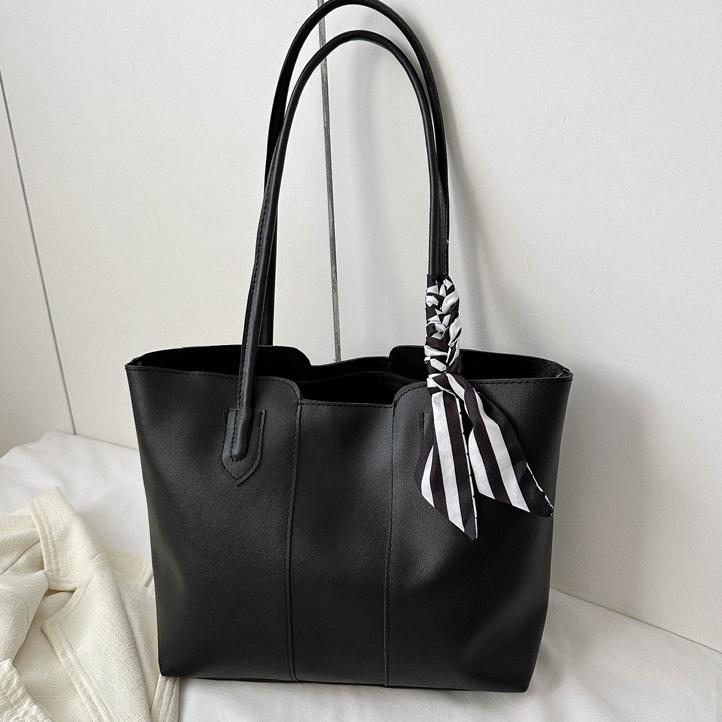 Solid Color PU Leather Large Capacity Tote Bag, Checkered Striped Silk Scarf Decor Long Handle Shoulder Bag For Women Office School Daily Commute