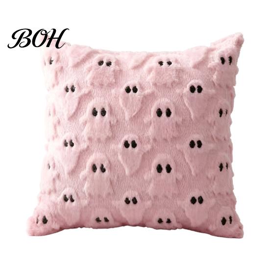 Black White Ghost Cushion Cover Halloween Cover, Plush Embroidered Throw Pillow 18x18 Home Decor Inch Cute Case for Sofa Bed Cozy Living Room Accents