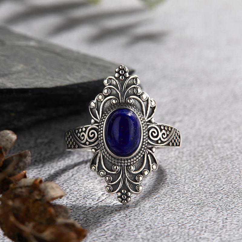 Retro Personality S925 Sterling Silver Inlaid Natural Blue Gold Kyanite Color Baotai Silver Ring Female Nepalese Style Open Ring