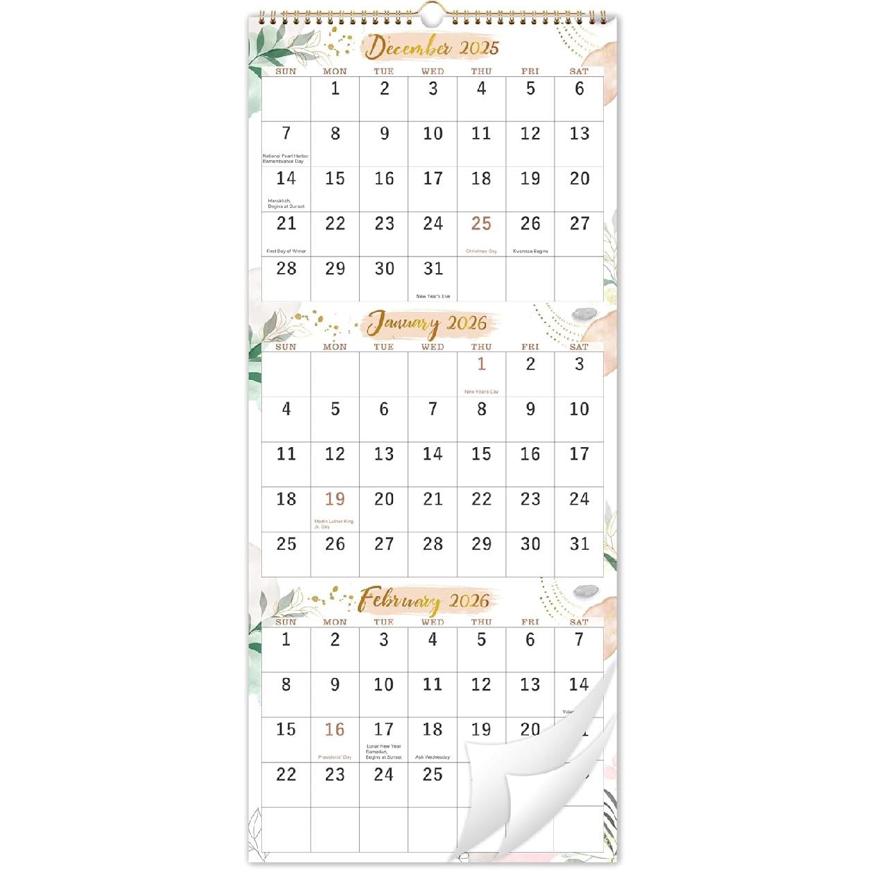 2026 Wall Calendar - 3 Month Calendar 2026 Vertical, 3 Month Wall Calendar, 11  x 26 , December 2025 - January 2027, Calendar 2026, Large Monthly 3 Month Calendar 2026