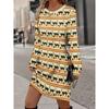 Womens Heart Print Round Neck Long Sleeve Plaid Patchwork Midi Dress Elegant Casual Office Wear