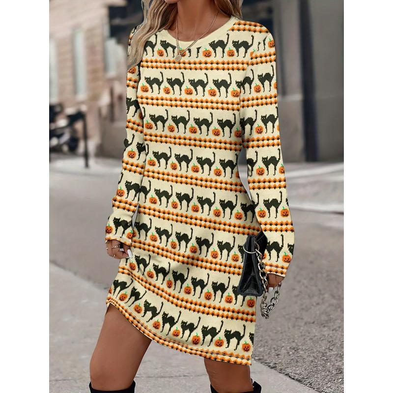 Womens Heart Print Round Neck Long Sleeve Plaid Patchwork Midi Dress Elegant Casual Office Wear