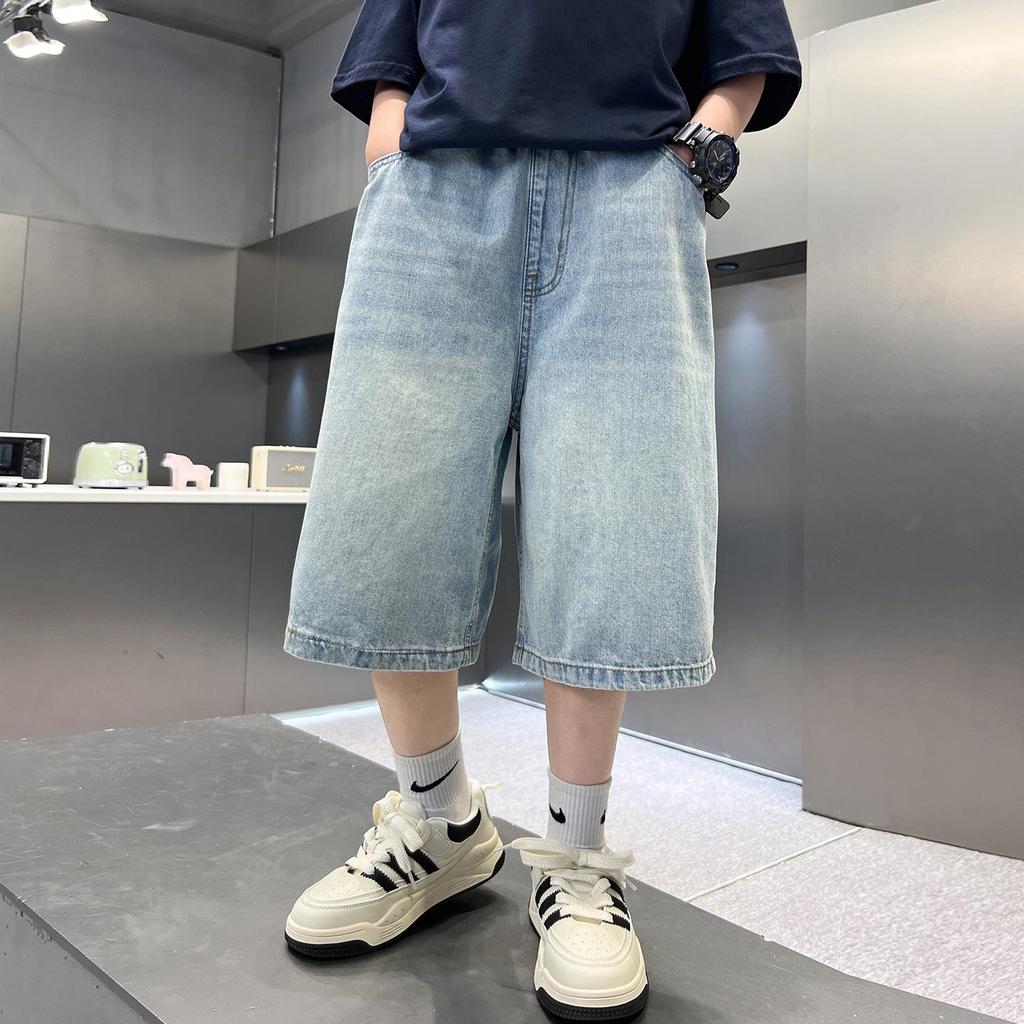 Korean Style Boys' Trendy Cool Denim Wide-Leg Shorts - Summer Casual Mid-Length Pants