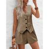 Damen Neuer Eleganter Pendler V-Ausschnitt Knopfdekoration Weste Shorts Kurzer Zweiteiler für Damen