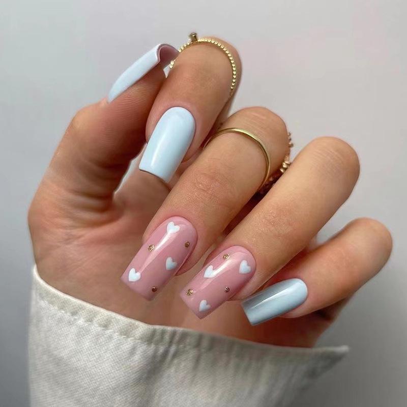 Blue Heart Gold Polka Dot Wearable False Nails - Ins Style Nail Art Tips Glue Set