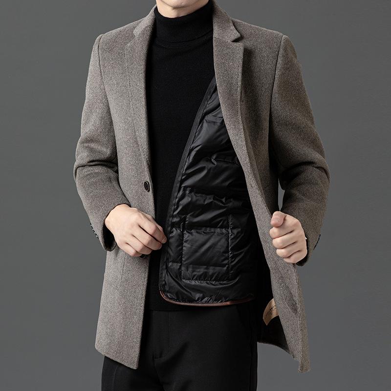 Men's Mid-Length Double-Sided Cashmere Coat with Detachable Down Liner, Casual Wool Suit for Middle-Aged