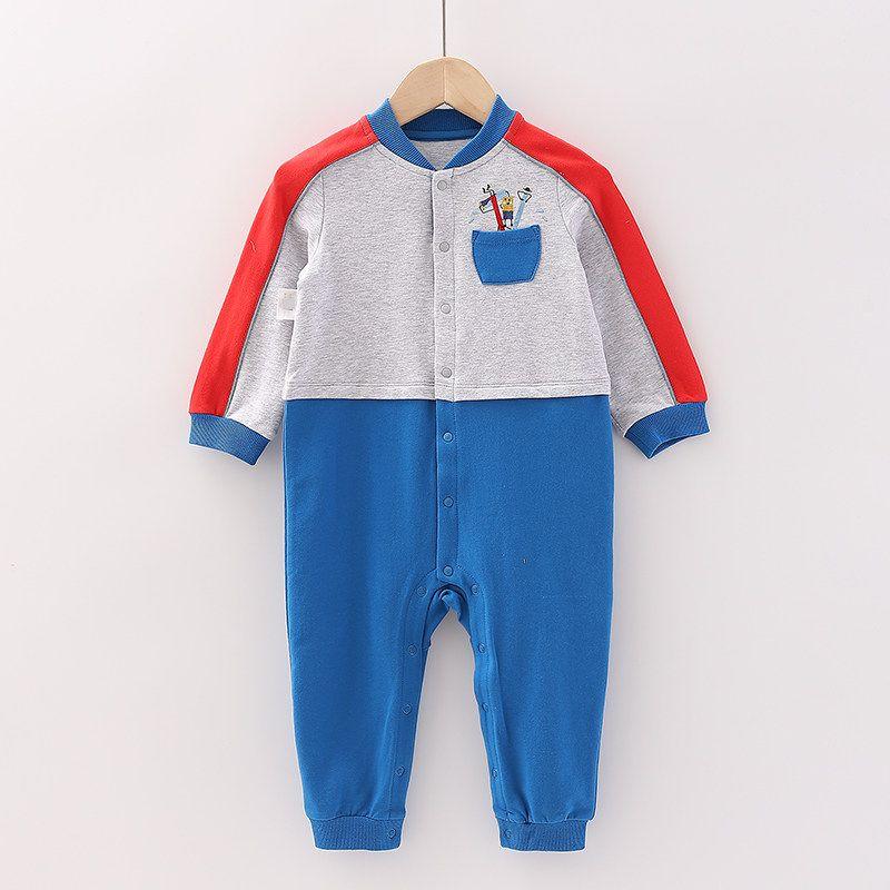 [Good] Mall Brand Discount New Style Baby and Toddler Comfortable Pure Cotton Breathable Patchwork Long-Sleeve Romper 1X039 Royal Blue + Light Heather Gray 59
