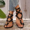 2025 Sommer Neue Riemchensandalen mit Schlangenmuster, flache Sandalen für Damen, modische Zehentrenner mit Metallringen, Übergröße