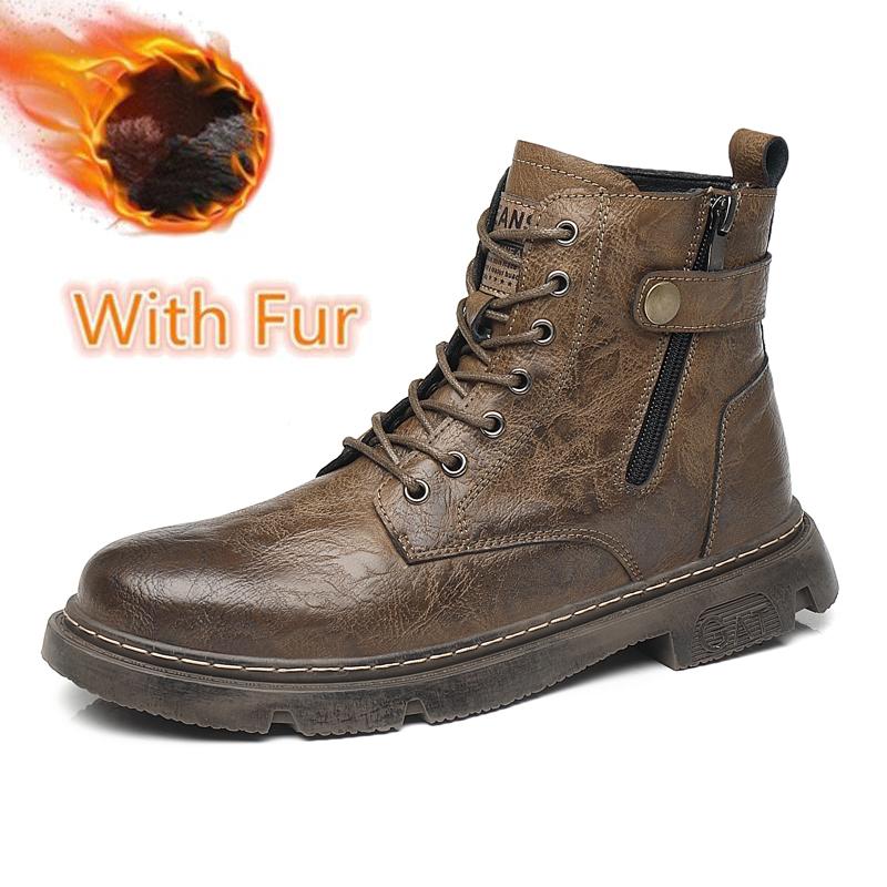 Fashion Fashion Casual Leather Male Motorcycle Boots Outdoor Men's Ankle Boots High Top Winter Casual Shoes Warm Plush Fur Winter Botas