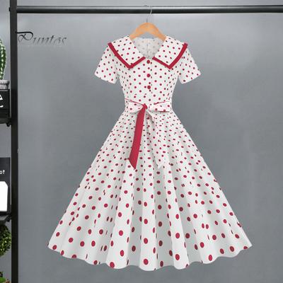 Dames feestjurk Vinatge grote zoom contrasterende kleur stippenprint hoge taille met riem rugrits korte mouw poppenkraag 50s 60s schoolfeest bruiloft prinses