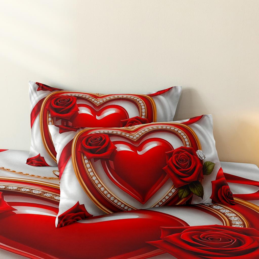 3 Pieces Romantic Red Heart Red Rose Duvet Cover Set, Diamond Golden Frame White Red Stripe Floral Print Bedding