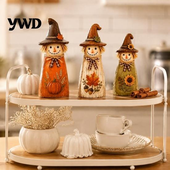 Cute Wizard Hat Ornaments Vintage Resin Scarecrow Figurines, Fall Harvest Pumpkin Sunflower Maple Decorative Haunted House Props Leaf Tabletop Decor,