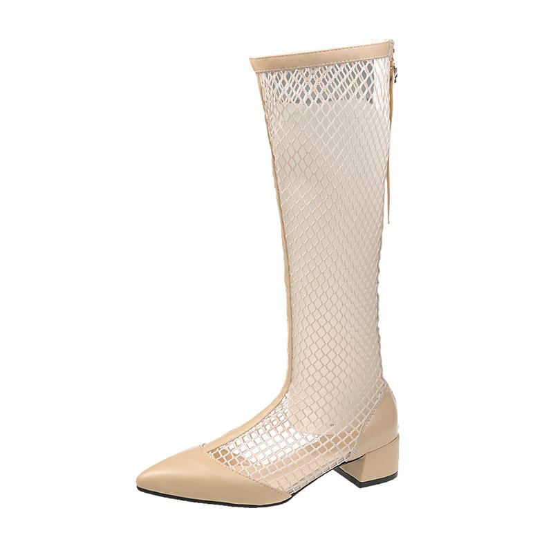 Fashion Women's Summer Boots Luxury Elegant Outdoor Fashion Black Mesh Long Wedge Medium Heel Pointed Toe Shoes For Women Trends 2025