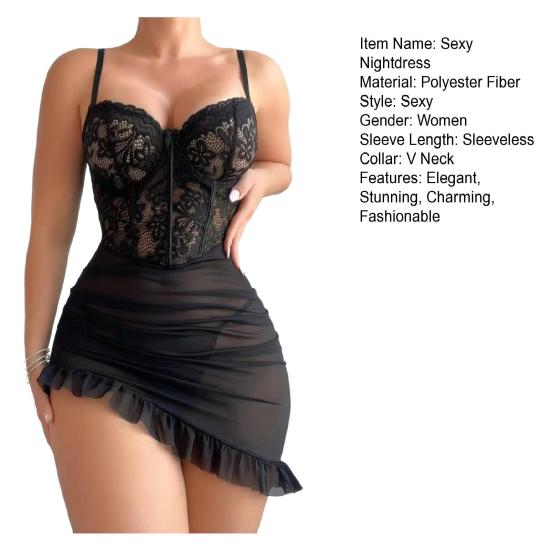 Sexy Lace Sheer Babydoll Dress for Women See Through Chemise Mesh Nightgown Mini Dress Spaghetti Strap