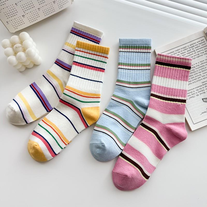 Socks Pure Cotton Striped Medium Tube Socks College Style Spring And Autumn Thin Sports Sweat-Absorbing Deodorant Stacking Socks Women