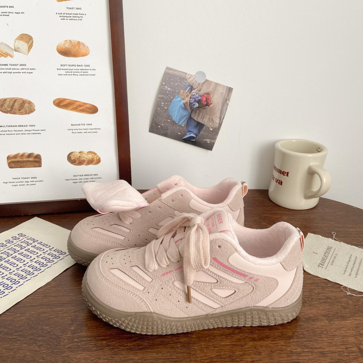 

Pink velvet board shoes women s moral training winter new chic niche ugly cute cotton shoes student sports two cotton little white shoes 35