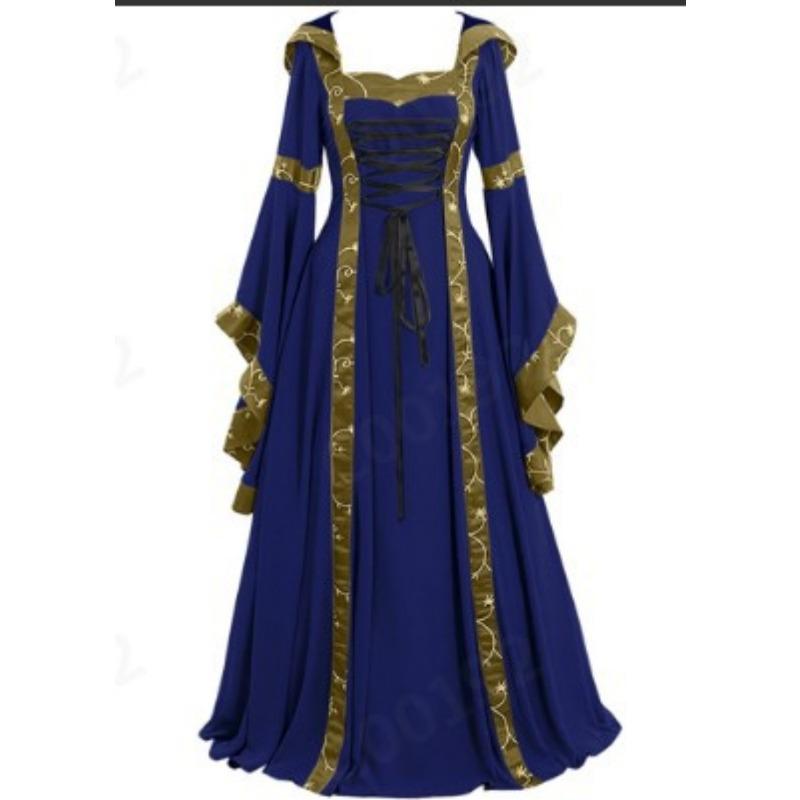 European and American Medieval Retro Hooded Dress Square Collar Lace-up Horned Sleeve Large Swing Dress Halloween Dress Cosplay Costume