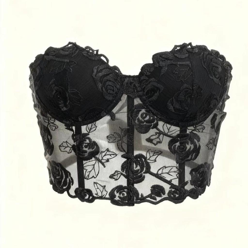 Black Hot Girl Mesh Embroidered Underwire Bustier Tank Top