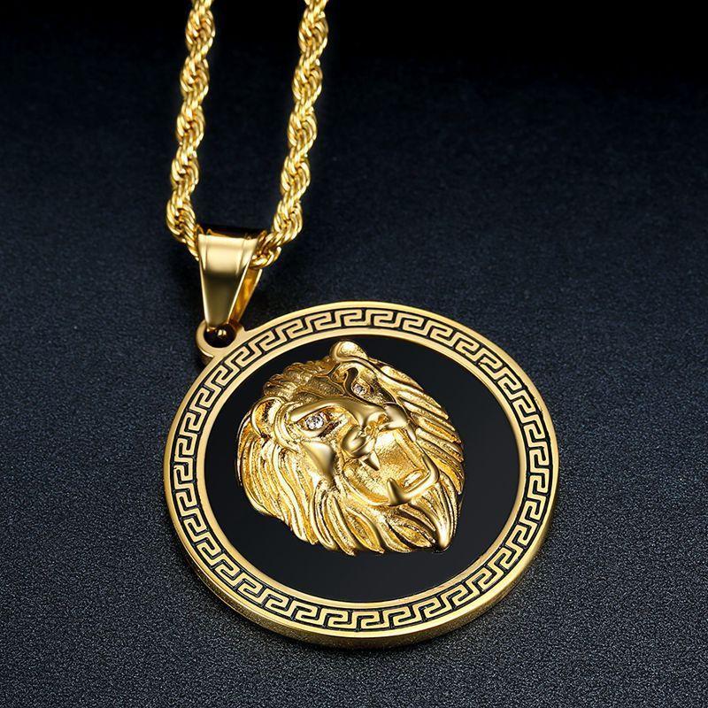 Stainless Steel Gold Plated Circular Champion Necklace for Men Inlaid Zircon Lion Pendant Necklace Gold Plated Jewelry