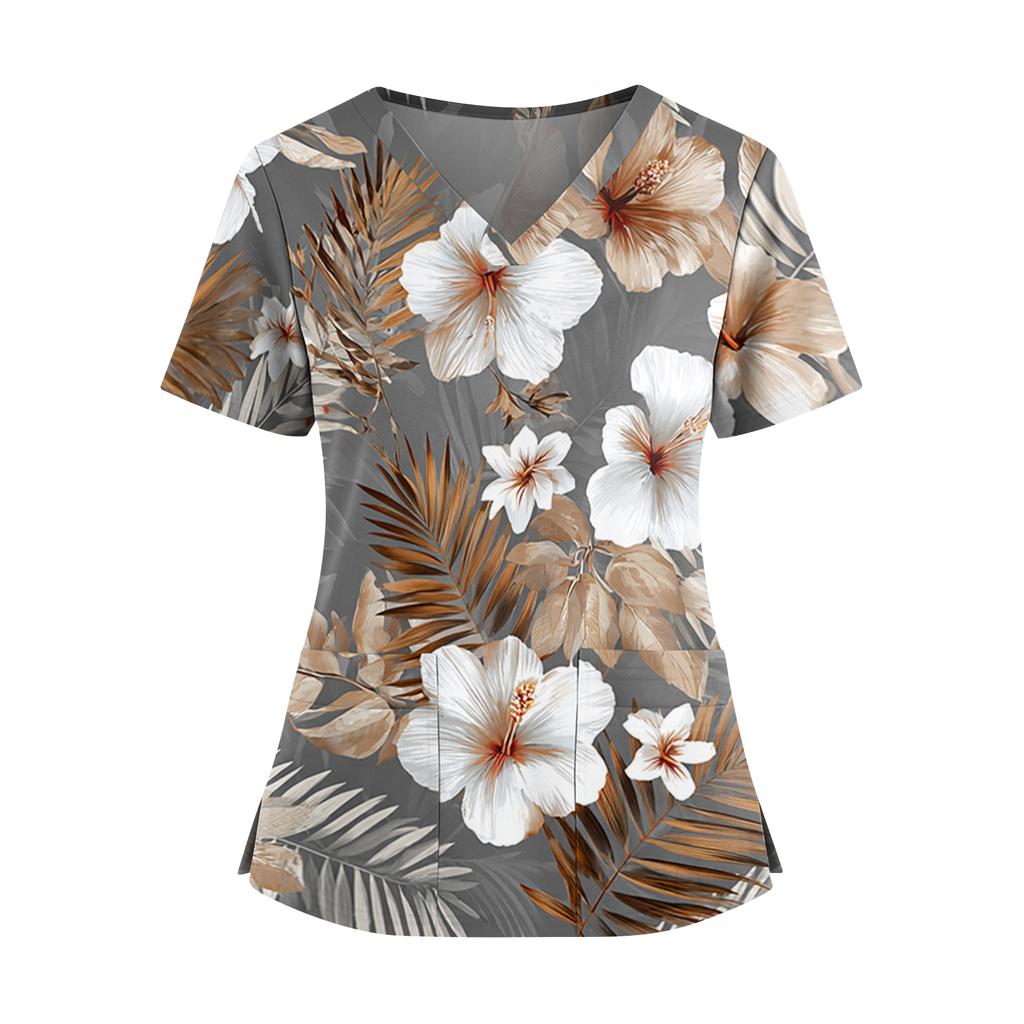 Women's Hawaiian Print V-Neck Double Pocket Short Sleeve Uniform/ Top