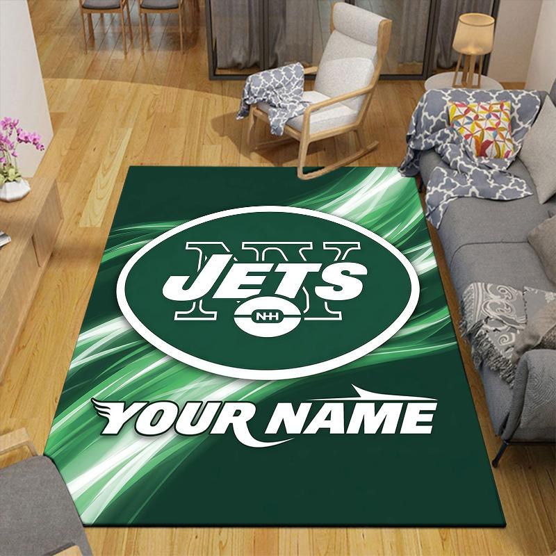 Custom Name New York Jets Flannel Pattern Square Carpet,Area Rug,Carpet Rug for Living Room Bedroom Sofa Playroom Decor,Non-slip Floor Mat