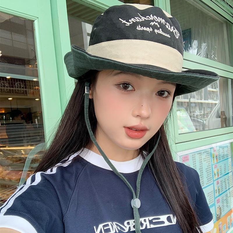 Stylish Japanese Color Block Embroidered Fisherman Hat For Women Summer Travel Sun Protection